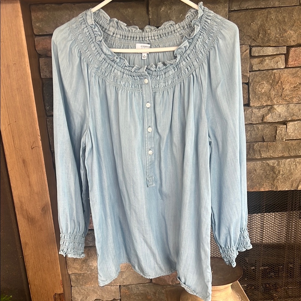 Crown & Ivy Blue Smocked Blouse with Bib Collar